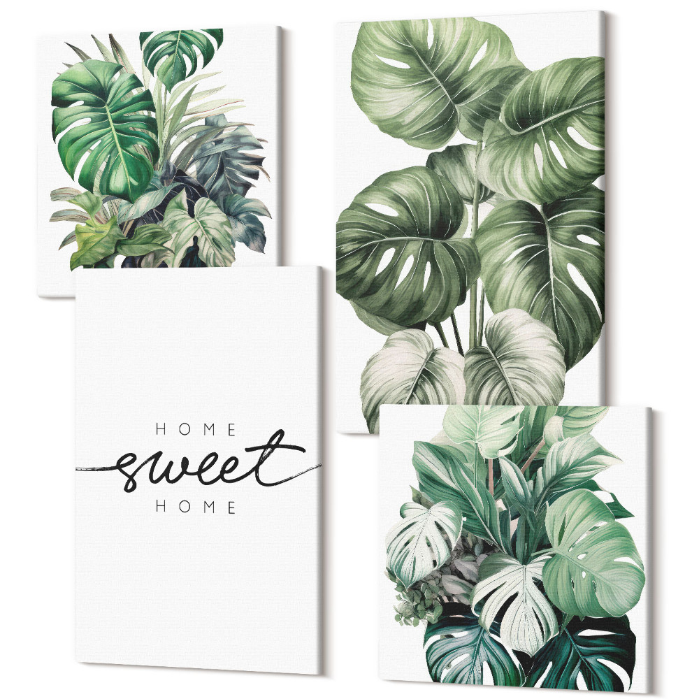 Zestaw obrazów kwadryptyk na ścianę Rośliny w zieleni z napisem Sweet Home