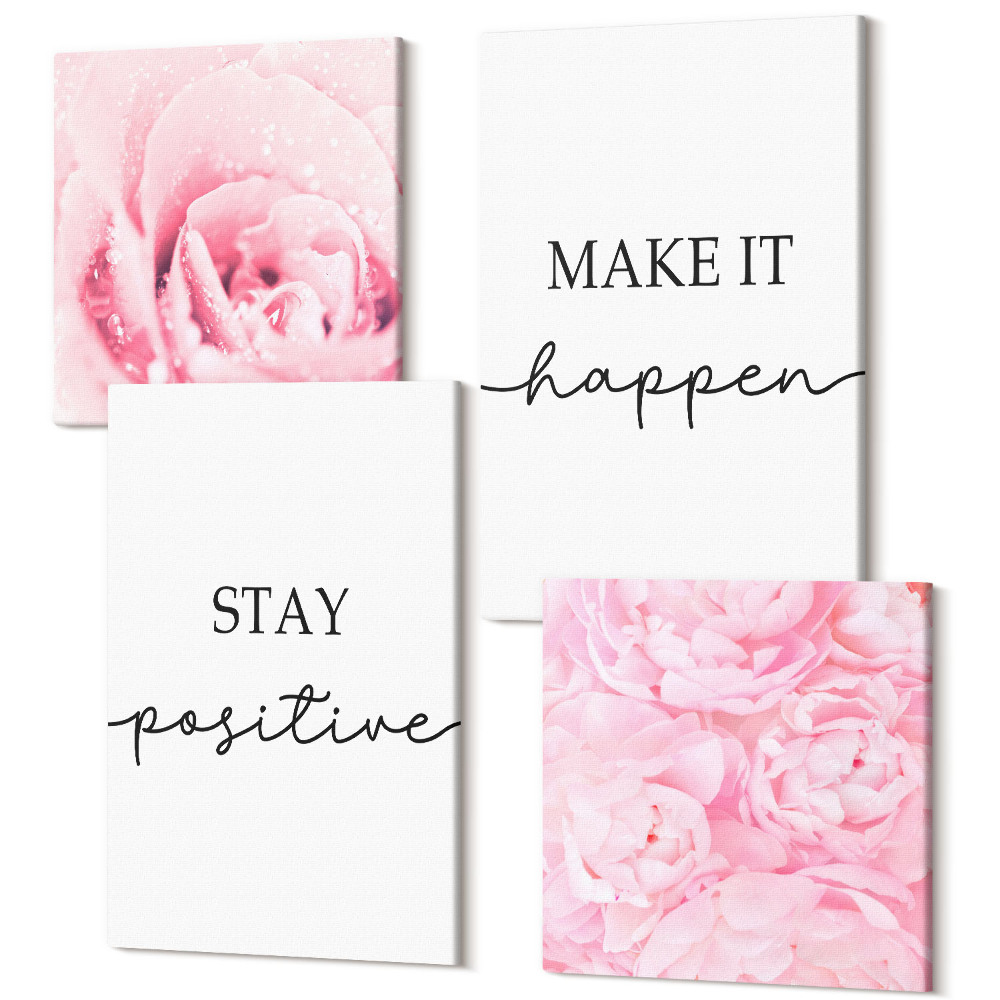 Zestaw obrazów 4 części kwadryptyk Minimalistyczne napisy inspirujące różowe kwiaty