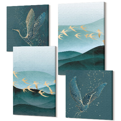 Zestaw obrazów kwadryptyk na ścianę Abstrakcyjne pejzaże fal i lecących ptaków