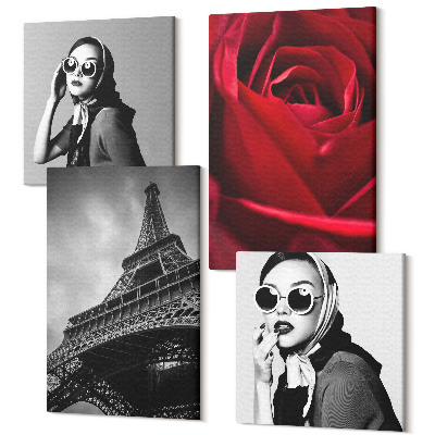Zestaw obrazów kwadryptyk na ścianę Paryska kobieta w okularach róża i wieża Eiffla