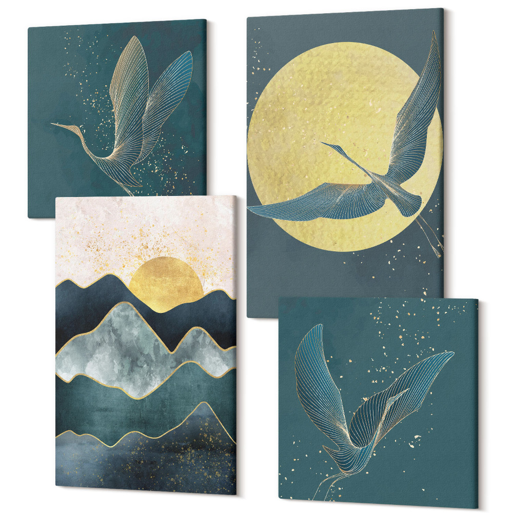 Zestaw obrazów na płótnie kwadryptyk Ptaki żurawie w locie księżyc gwiazdy i pejzaż górski