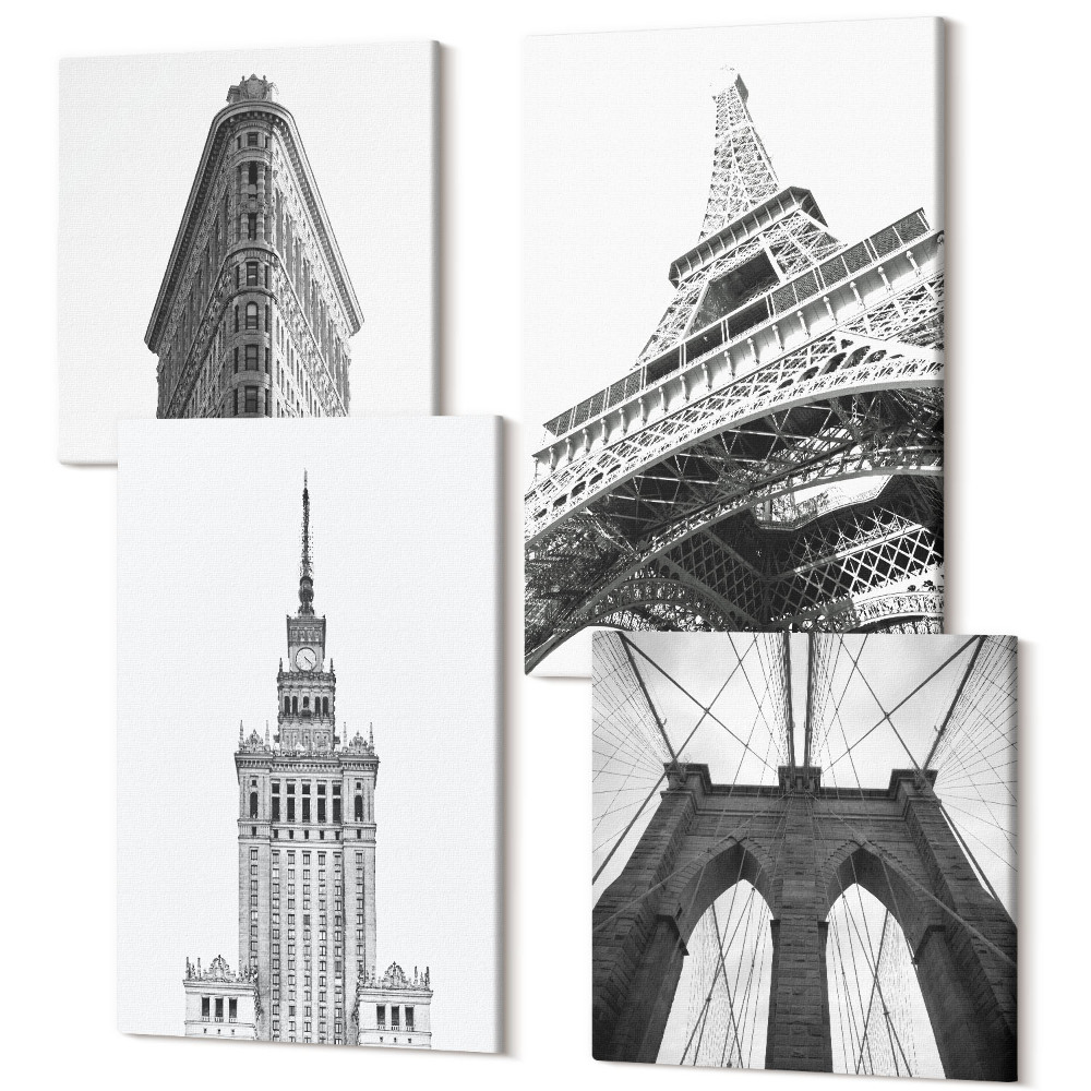 Zestaw obrazów kwadryptyk na ścianę Architektoniczne budowle w czerni i bieli minimalizm