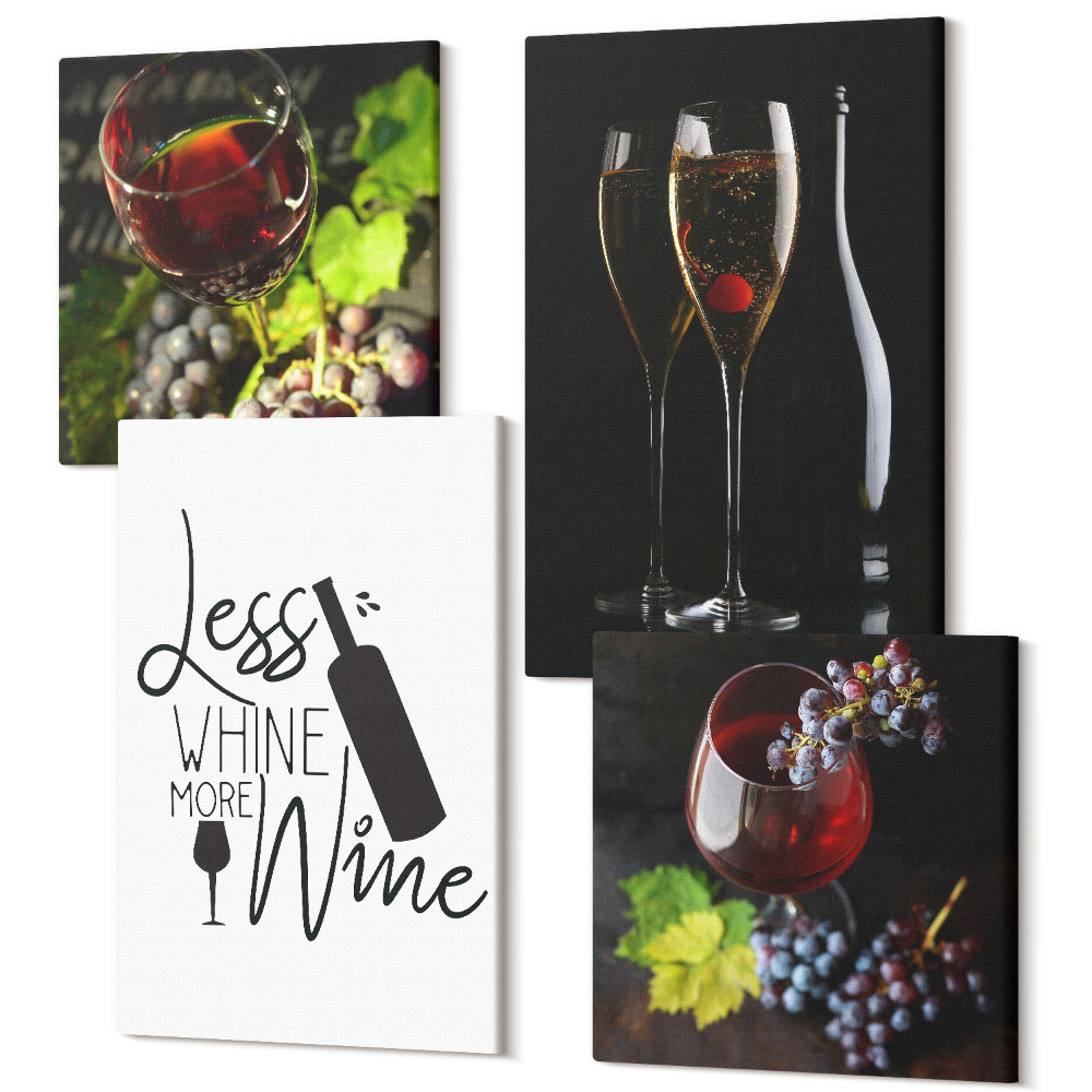 Zestaw obrazów na płótnie kwadryptyk Kieliszki wina z winogronami i napis o winie