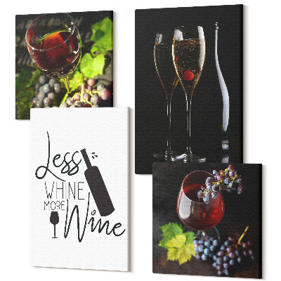 Zestaw obrazów na płótnie kwadryptyk Kieliszki wina z winogronami i napis o winie