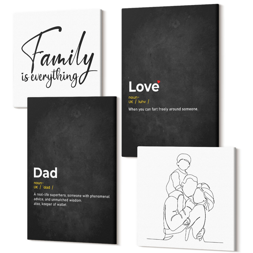 Zestaw obrazów 4 części kwadryptyk Rodzina line-art z definicjami miłości i ojcostwa