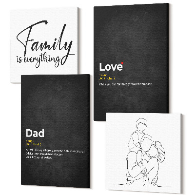 Zestaw obrazów 4 części kwadryptyk Rodzina line-art z definicjami miłości i ojcostwa