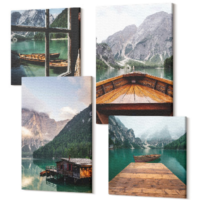 Zestaw obrazów kwadryptyk na ścianę Górskie pejzaże drewniana chata pomost i łodzie