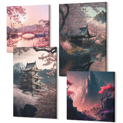 Zestaw obrazów kwadryptyk na ścianę Krajobrazy fantasy Japonii górskie pejzaże