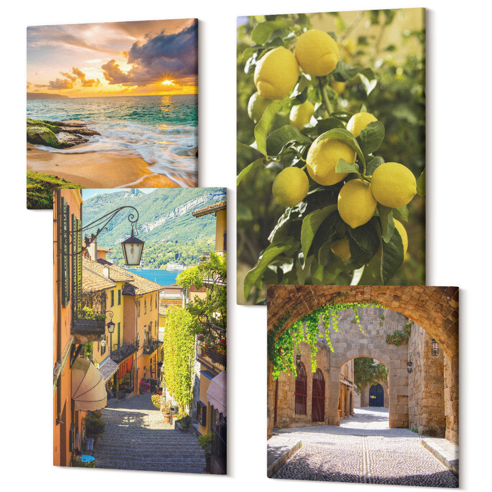 Zestaw obrazów 4 części kwadryptyk Malownicze uliczki morze plaża i cytrusy