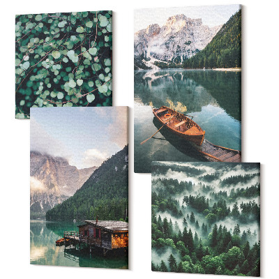 Zestaw obrazów kwadryptyk na ścianę Górskie krajobrazy z jeziorem łódką i lasem we mgle