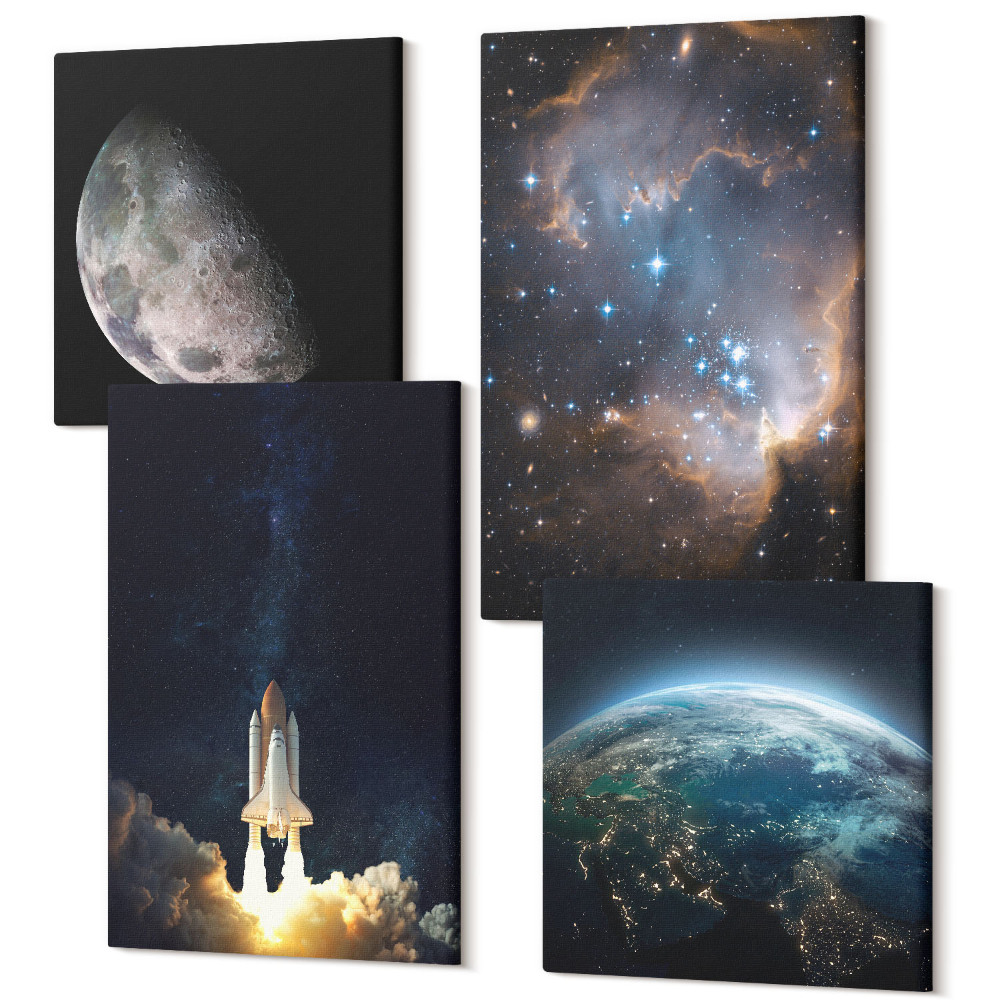 Zestaw obrazów 4 części kwadryptyk Kosmos Ziemia rakieta galaktyka niebo gwiazdy