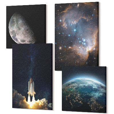 Zestaw obrazów 4 części kwadryptyk Kosmos Ziemia rakieta galaktyka niebo gwiazdy