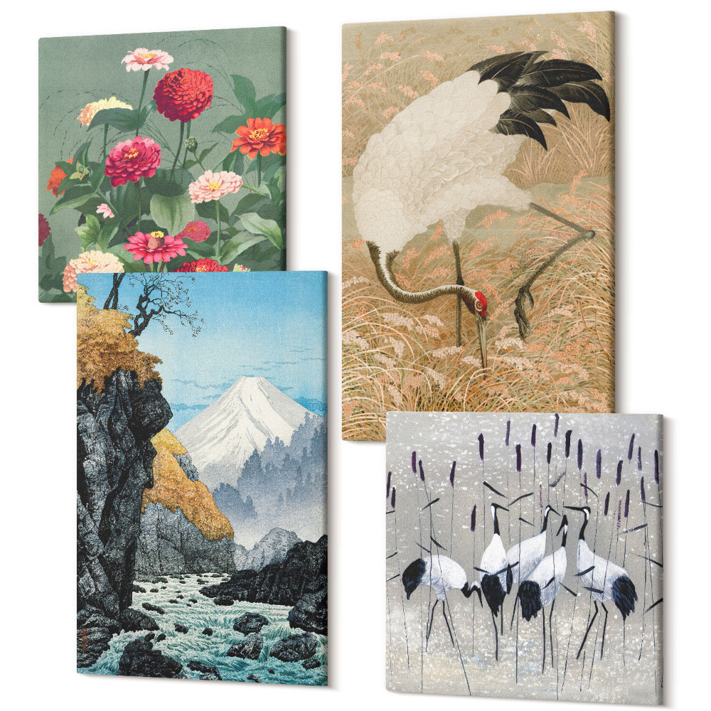 Zestaw obrazów na płótnie kwadryptyk Góry w krajobrazie rzeka kwiaty i żurawie w trawie