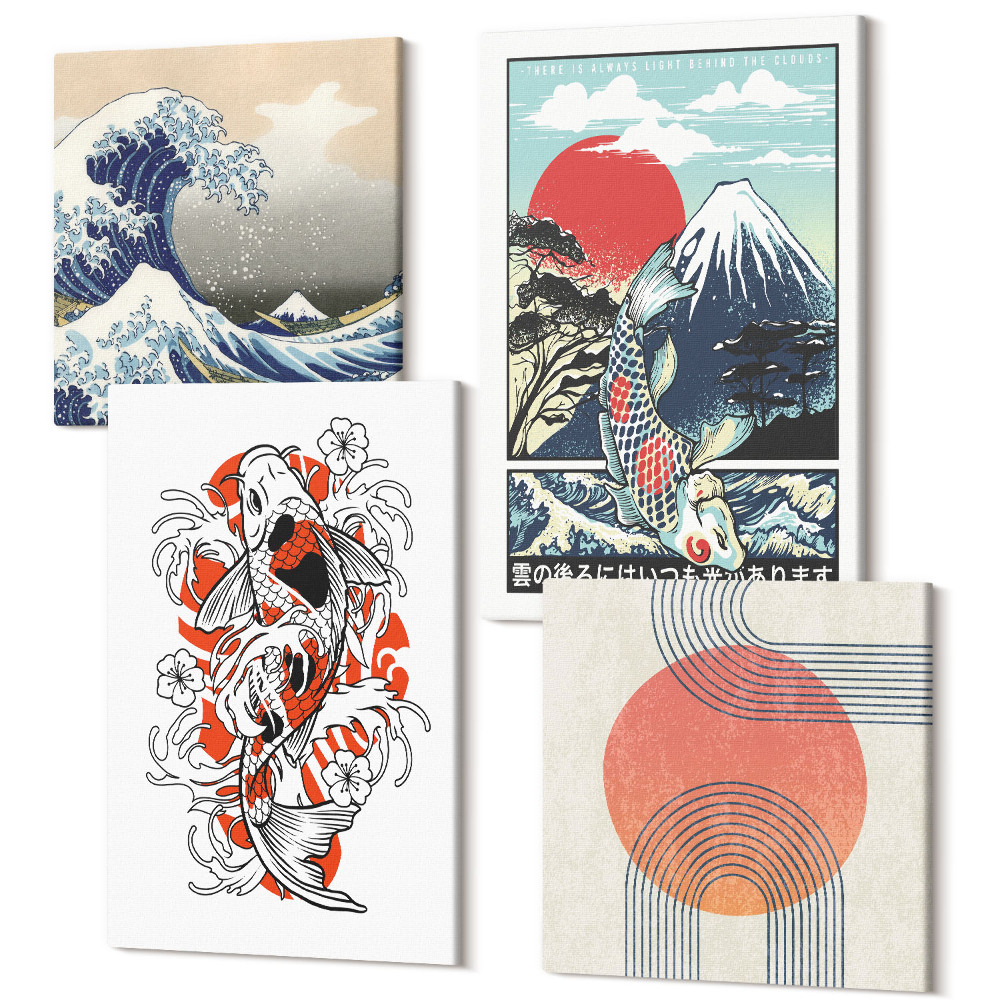 Zestaw obrazów 4 części kwadryptyk Ilustracje gór ryb i Wielkiej Fali w Kanagawie styl japoński