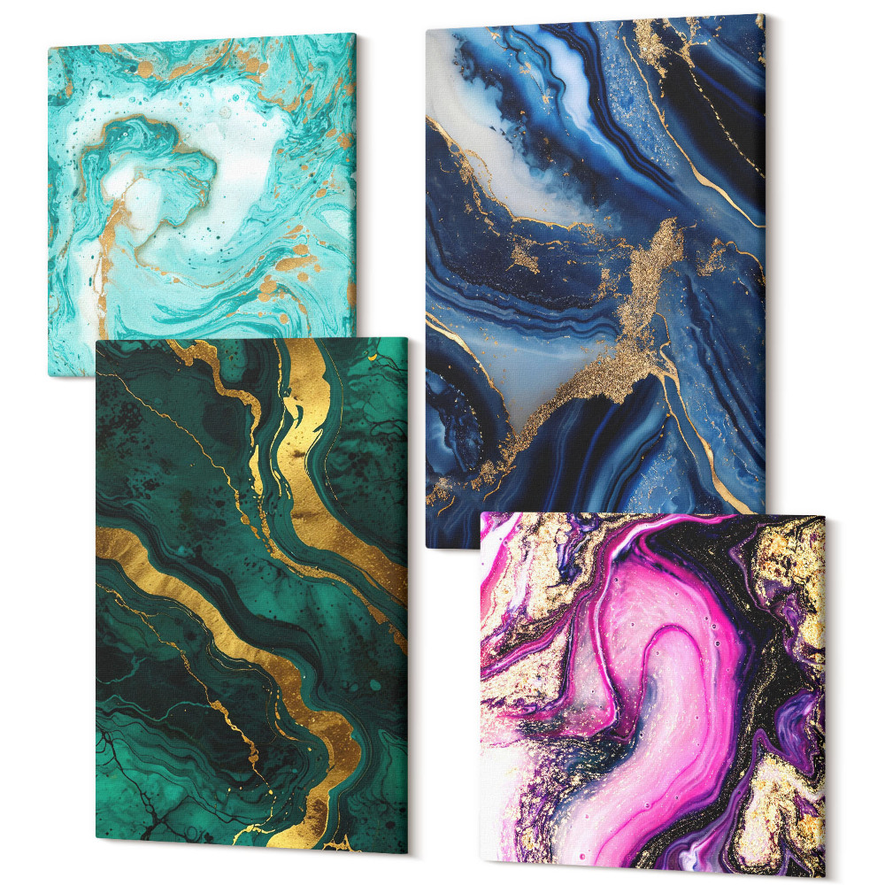 Zestaw obrazów kwadryptyk na ścianę Abstrakcyjne wzory w odcieniach różu zieleni i niebieskiego