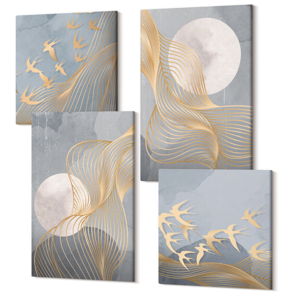 Zestaw obrazów kwadryptyk na ścianę Abstrakcyjne wzory z falami i okręgami na szarym tle