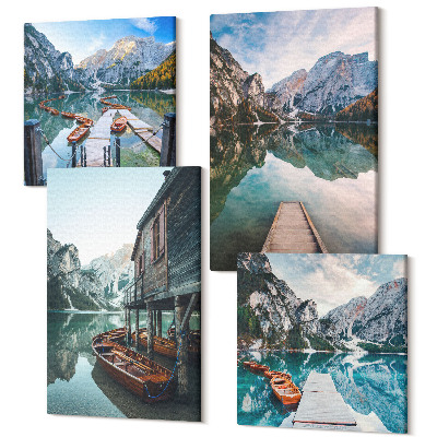 Zestaw obrazów 4 części kwadryptyk Spokojne jezioro w górach z drewnianymi łodziami