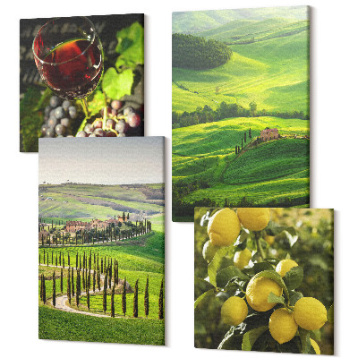 Zestaw obrazów kwadryptyk na ścianę Włoskie krajobrazy z cytrusami i zielonymi wzgórzami