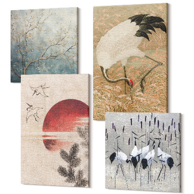 Zestaw obrazów na płótnie kwadryptyk Japońskie ilustracje żurawi krajobraz japandi