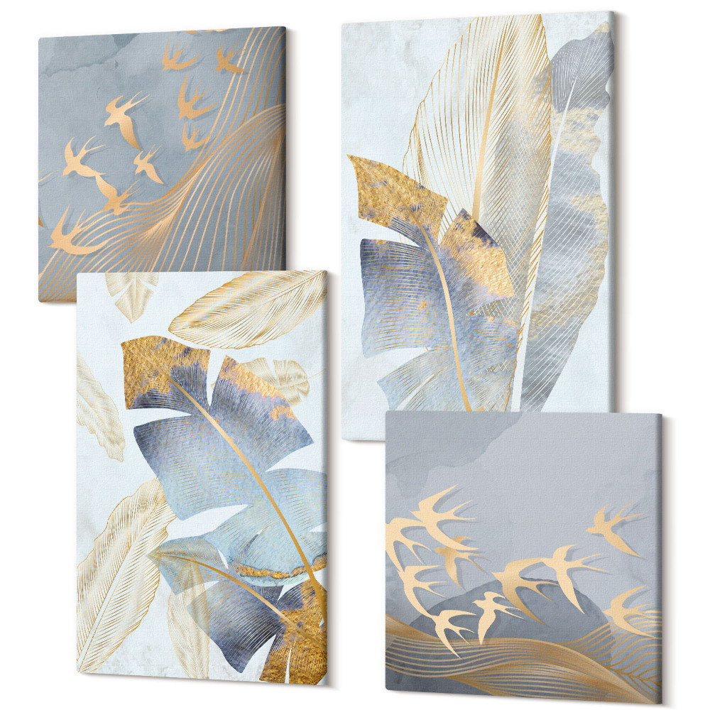 Zestaw obrazów na płótnie kwadryptyk Liście w odcieniach niebieskiego i beżu na tle jasnym