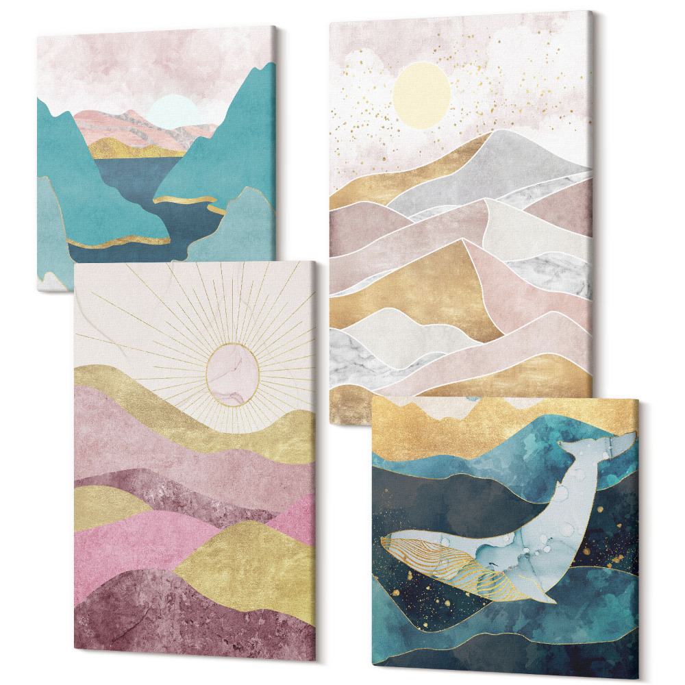 Zestaw obrazów na płótnie kwadryptyk Abstrakcyjne krajobrazy z górami i słońcem