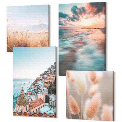 Zestaw obrazów kwadryptyk na ścianę Widok morza zachód słońca kolorowe domy kwiaty