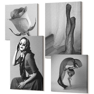 Zestaw obrazów 4 części kwadryptyk Stylowe czarno-białe portrety kobiet w eleganckich pozach