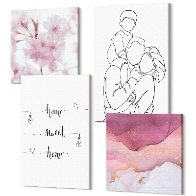 Zestaw obrazów na płótnie kwadryptyk Kwiaty i rodzina w minimalistycznym designie