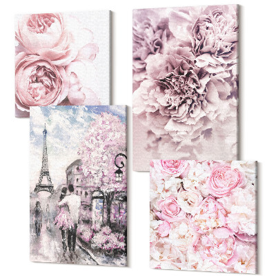 Zestaw obrazów kwadryptyk na ścianę Kwiaty w odcieniach różu romantyczny krajobraz