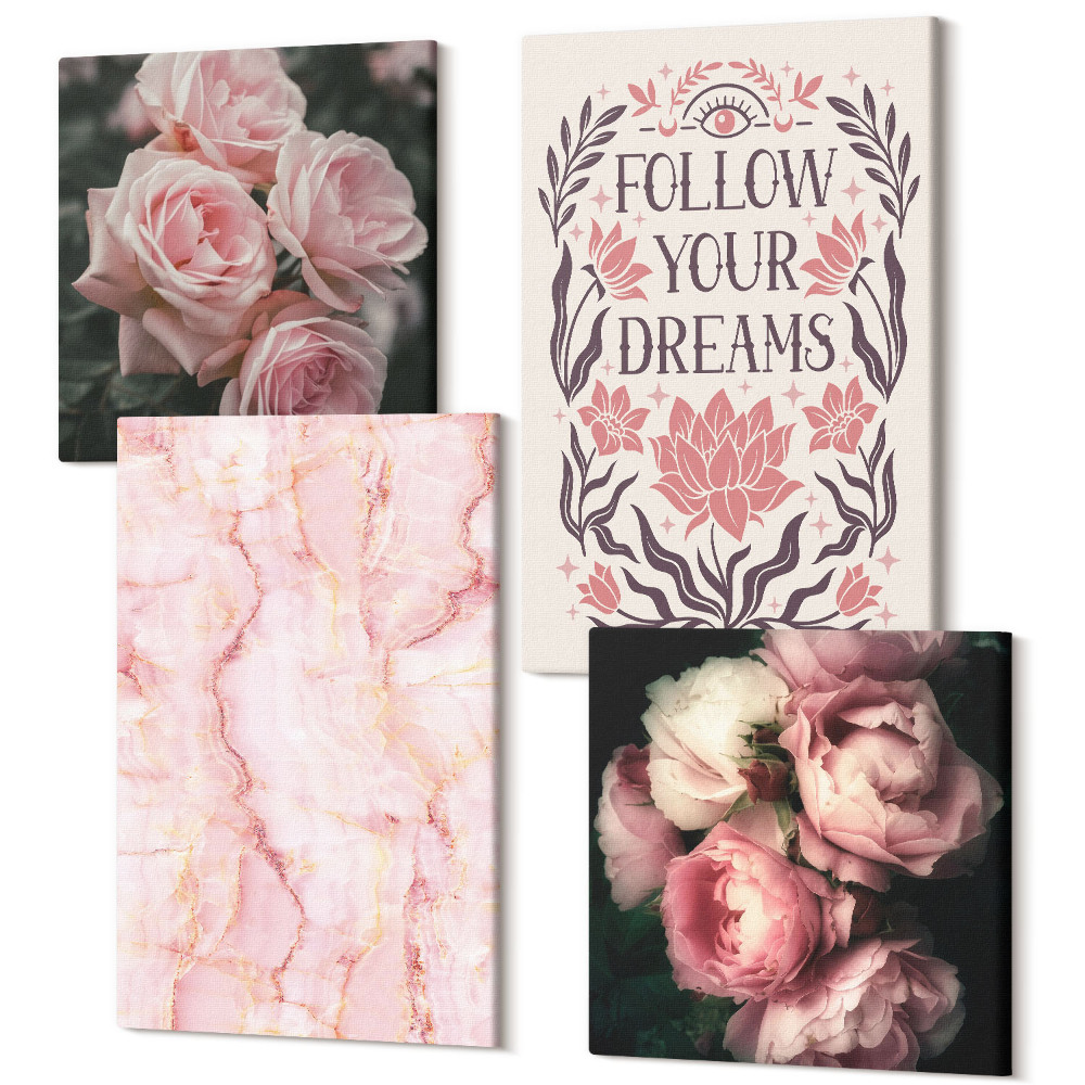 Zestaw obrazów kwadryptyk na ścianę Vintage róże marmur napis o marzeniach