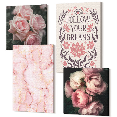 Zestaw obrazów kwadryptyk na ścianę Vintage róże marmur napis o marzeniach