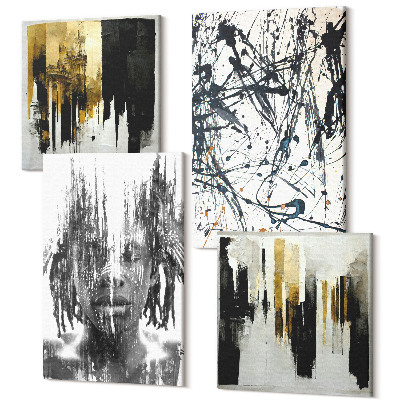 Zestaw obrazów 4 części kwadryptyk Kontrastujące abstrakcje z portretem i architekturą