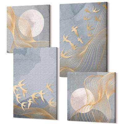 Zestaw obrazów kwadryptyk na ścianę Ptaki w locie na tle nieba i księżyca