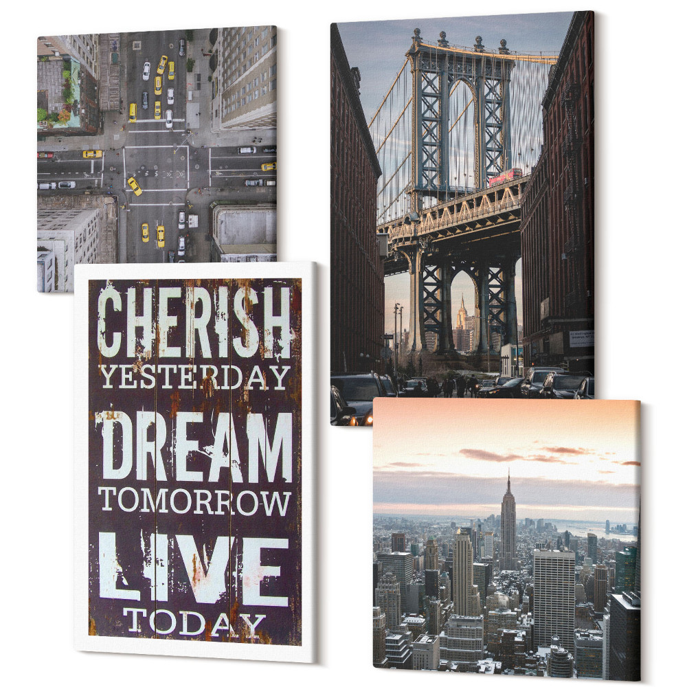 Zestaw obrazów 4 części kwadryptyk Nowojorskie pejzaże z inspirującym cytatem