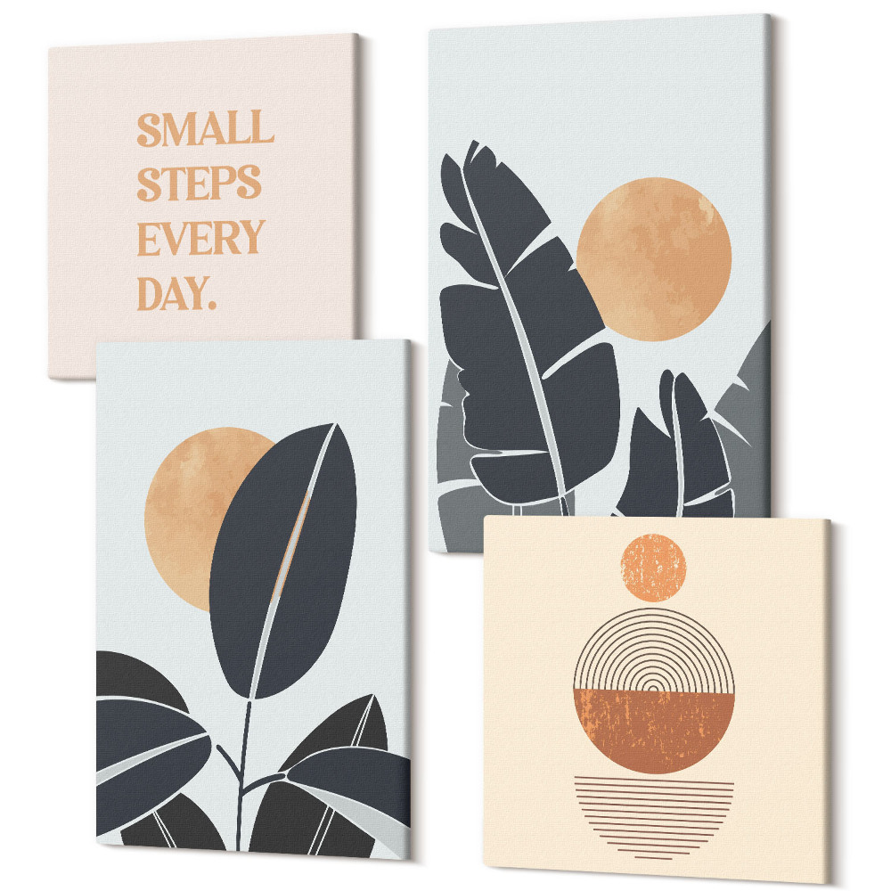 Zestaw obrazów na płótnie kwadryptyk Roślinne wzory z dużymi słońcami styl minimalistyczny