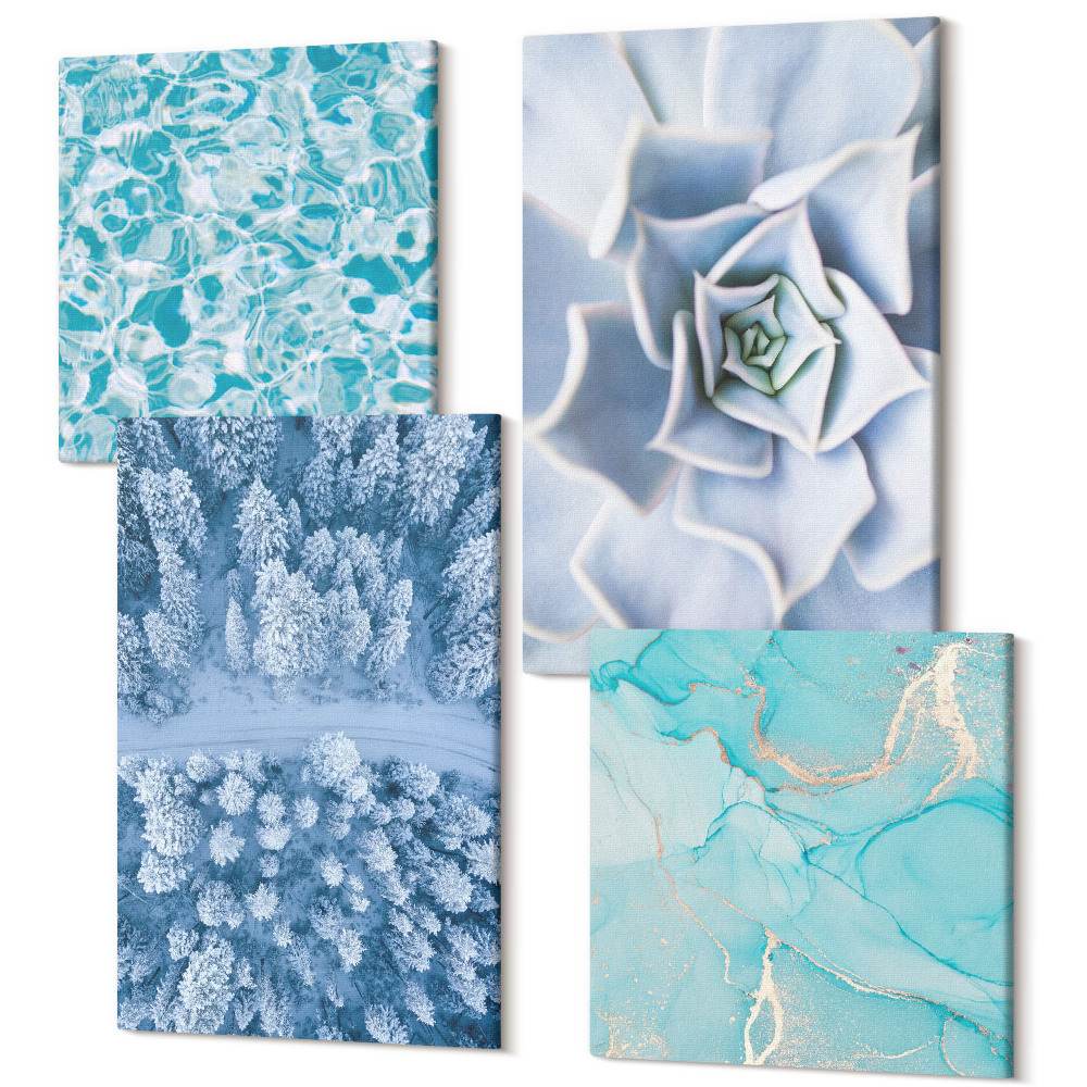 Zestaw obrazów kwadryptyk na ścianę Zimowy las niebieski kwiat błękitna tafla wody