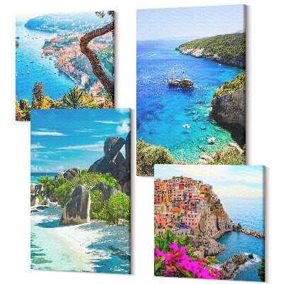 Zestaw obrazów 4 części kwadryptyk Widoki nadmorskie z palmami i błękitną wodą