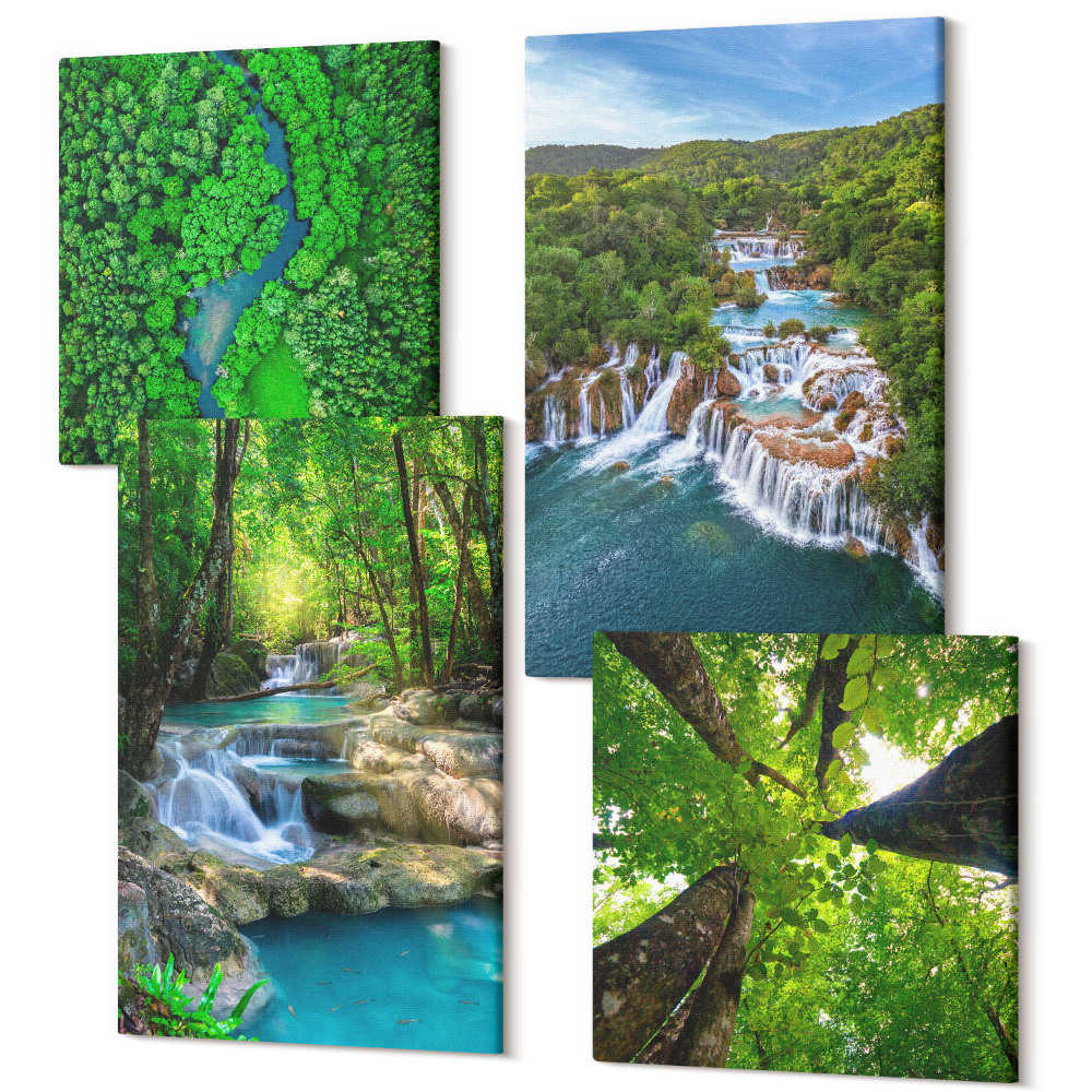 Zestaw obrazów kwadryptyk na ścianę Wodospady w zielonym lesie z krystalicznie czystą wodą