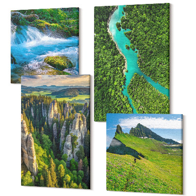 Zestaw obrazów 4 części kwadryptyk Zielone krajobrazy górskie z rzeką i skałami