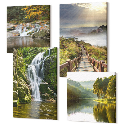 Zestaw obrazów 4 części kwadryptyk Wodospady góry ścieżki w chmurach i jesienne widoki