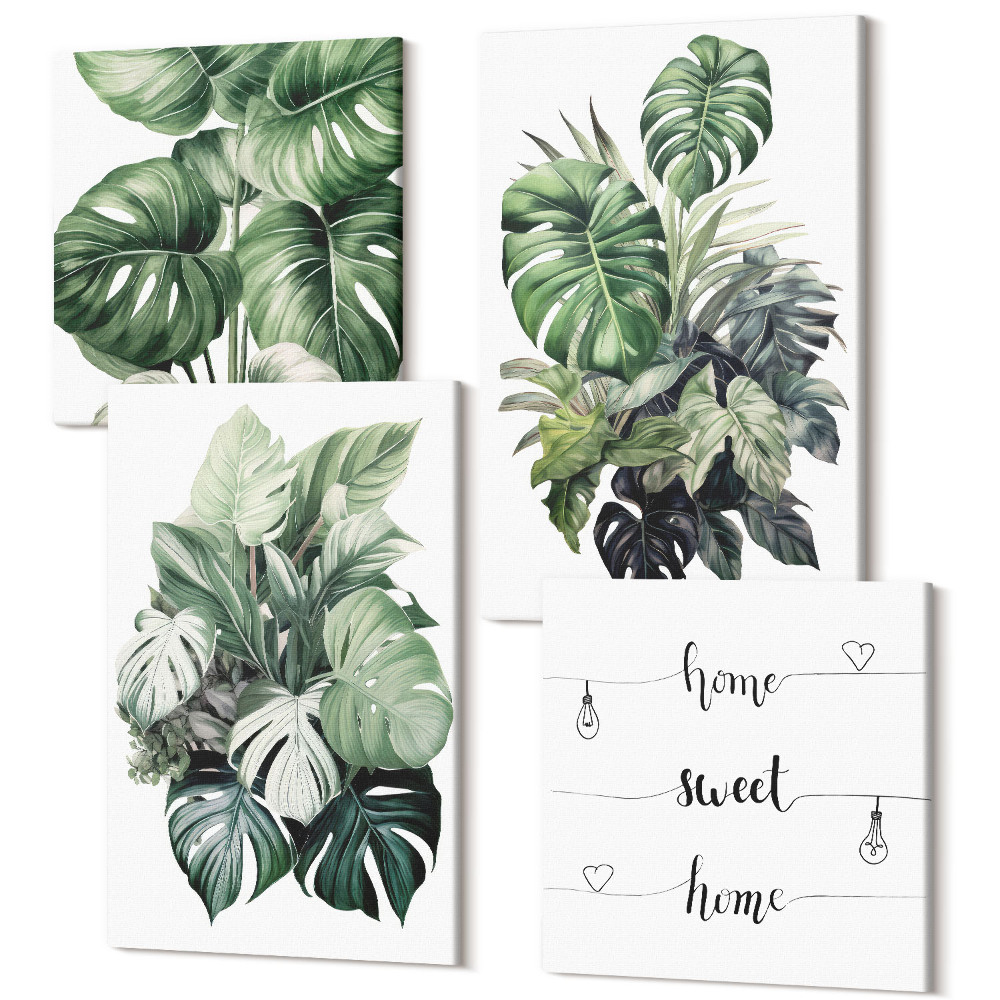 Zestaw obrazów 4 części kwadryptyk Zielone liście roślin tropikalnych akwarele
