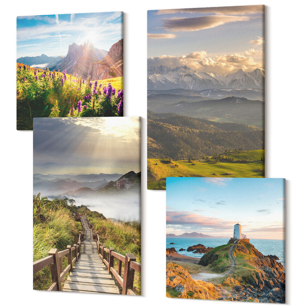 Zestaw obrazów kwadryptyk na ścianę Górskie krajobrazy z kwiatami niebem i ścieżką