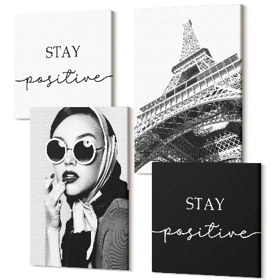 Zestaw obrazów 4 części kwadryptyk Portrety francuski wieża Eiffla inspirujące hasła