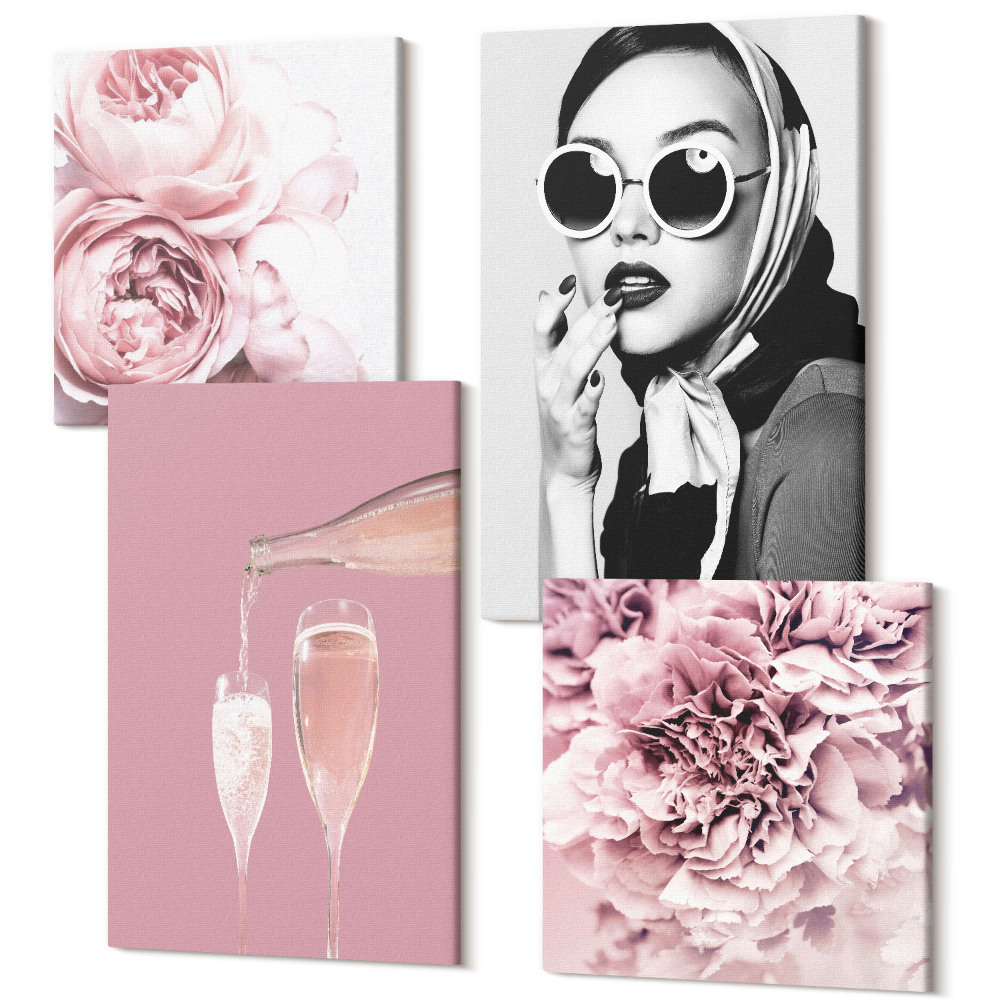 Zestaw obrazów na płótnie kwadryptyk Kwiaty piwonie róże szampan i elegancka kobieta