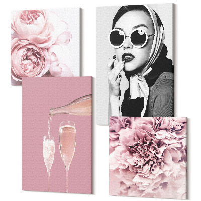 Zestaw obrazów na płótnie kwadryptyk Kwiaty piwonie róże szampan i elegancka kobieta
