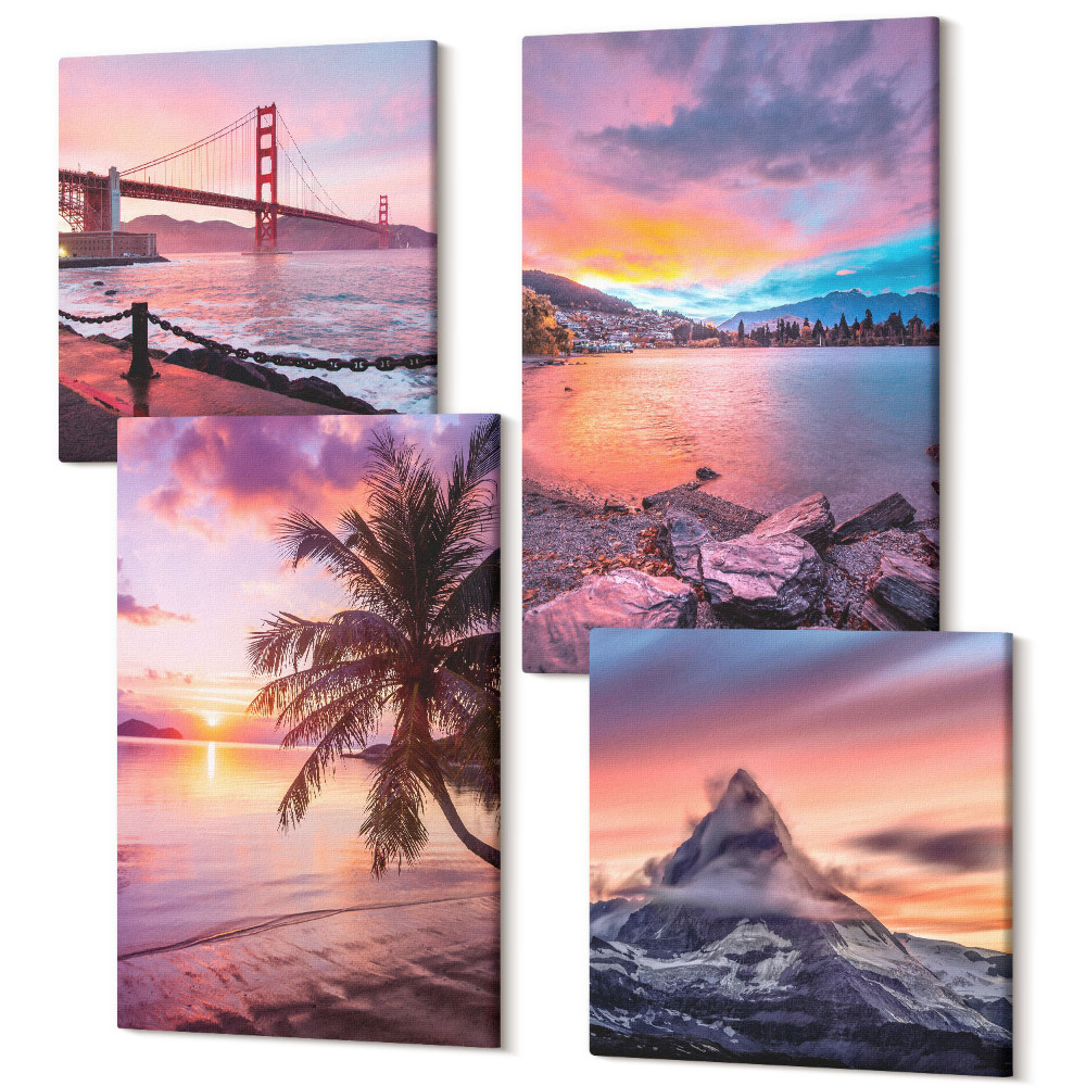 Zestaw obrazów na płótnie kwadryptyk Zachody słońca nad mostem i krajobrazem wodnym