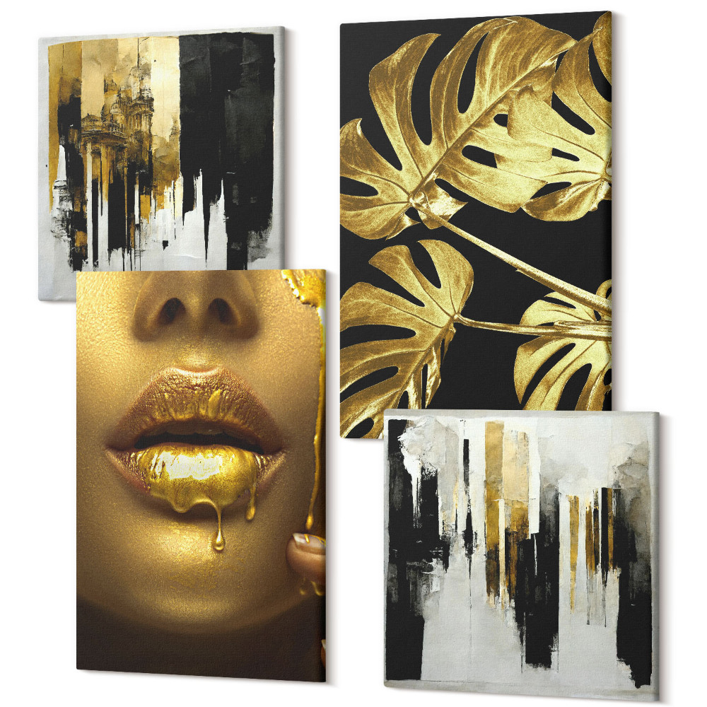 Zestaw obrazów kwadryptyk na ścianę Abstrakcyjne malarstwo liście monstery portret kobiety