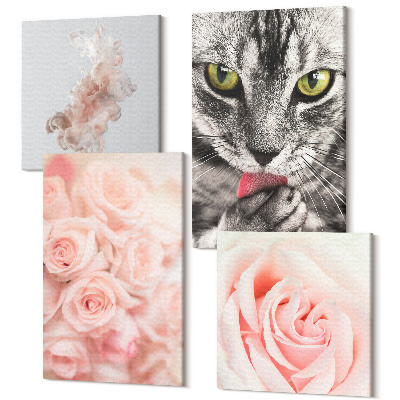 Zestaw obrazów na płótnie kwadryptyk Szary kot delikatne róże subtelna abstrakcja