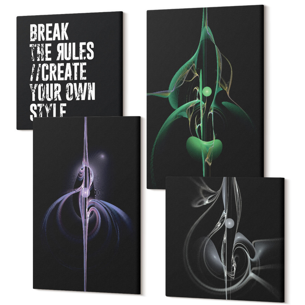 Zestaw obrazów kwadryptyk na ścianę Abstrakcyjne wzory w czerni inskrypcja