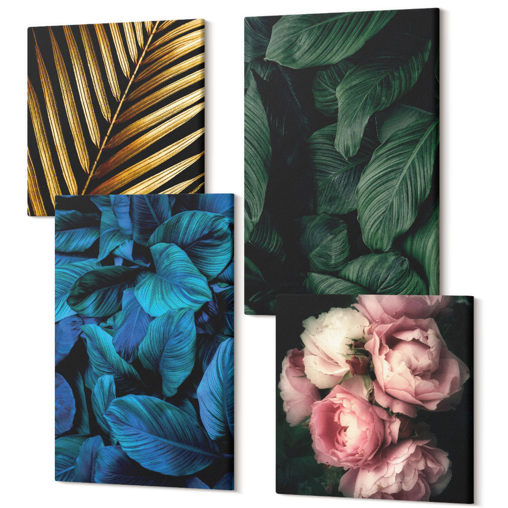 Zestaw obrazów 4 części kwadryptyk Liście i kwiaty w różnych kolorach